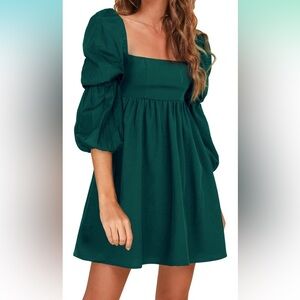Square Neck Puff Sleeve Mini Dress - Emerald Green